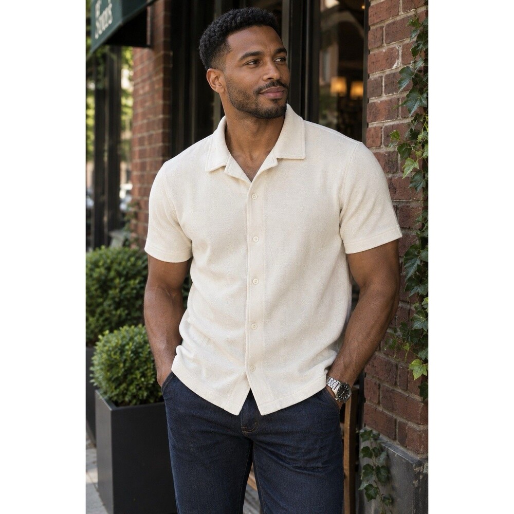 J Crew Camp Shirt Mens L Beige Textured Natural Collar Knit Beach Resort BW896